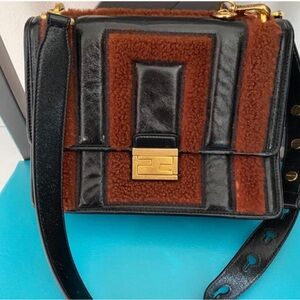 NWT Fendi Kan U Medium Shearling Patent Leather Black and Brown Bag